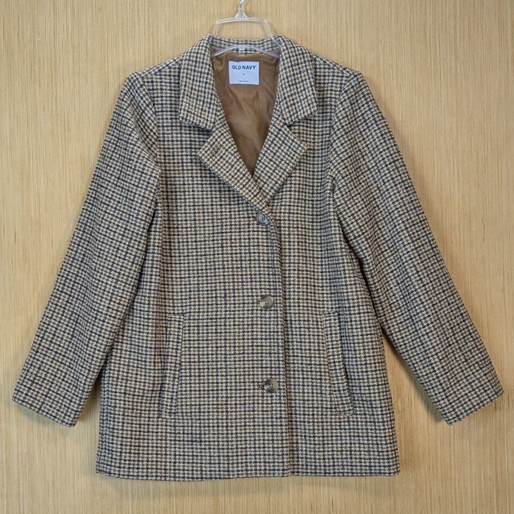 Old Navy Womens Brown Houndstooth Plaid Jacket‎ Medium Mod Retro Dark Academia